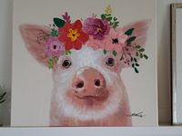 Ausdruckstarkes Acrylbild, Leinwand "Schwein m. Blumenkranz"