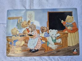 Blechbild Mützi Schule Teddy von Dorothea King Vintage