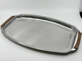 Serviertablett Aluminium mit Holzgriffen, Vintage, ca. 50 cm