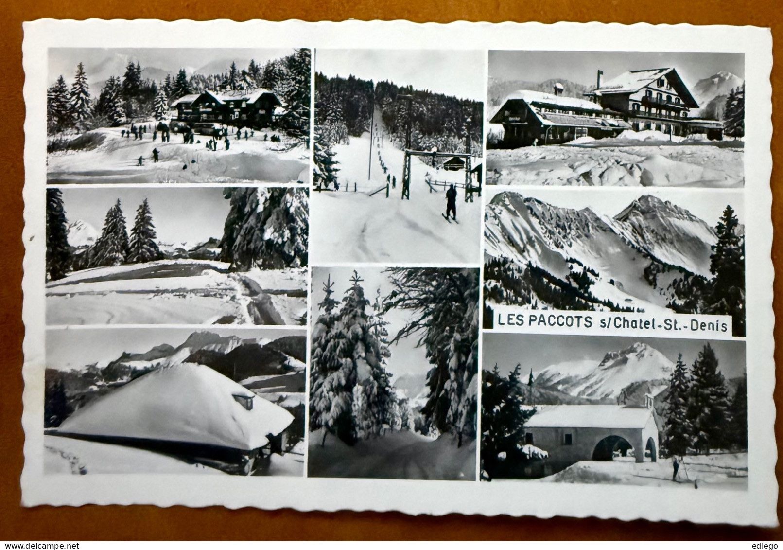 Cartoline postali: Châtel St. Denis - Les Paccots - Skieurs, multi-vues 1960 – Usato da Lutry venduto da Ediego