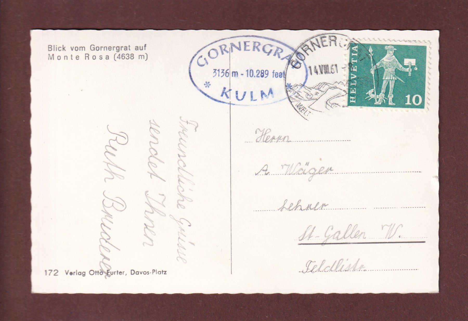 Cartoline postali: GORNERGRAT - Blick auf Monte Rosa - 1961 – Usato da Pully venduto da nicecards 1