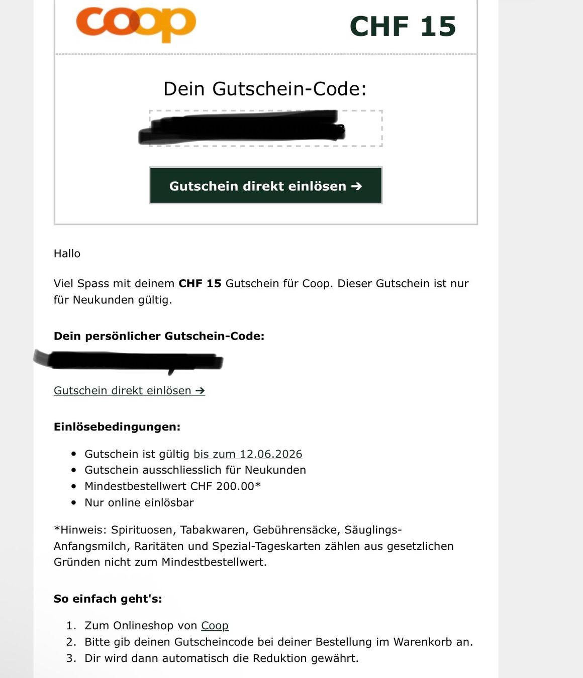 Buoni: COOP Rabattcode 15.- (bis 12.6.26) – Nuovo e nell'imballaggio originale da Glattpark(Opfikon) venduto da ste_n99y