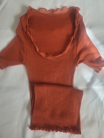 T-shirt femme orange côtelé à manches courtes