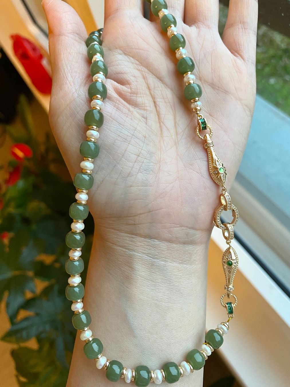 Catenine: Süsswasserperlen Jade Kette mit Ohrringe echte – Nuovo e nell'imballaggio originale da Sarnen venduto da yingsperlen 3