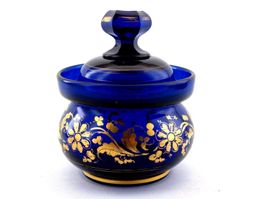 Sucrier verre cobalt or bonbonnière Zuckerdose Glas 19 Jh