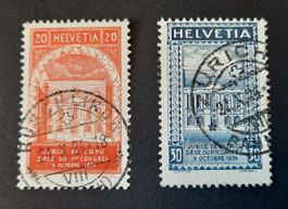 3-12-2 Timbres Helvetia oblitérés. 50 ans de l'U.P.U. 1924