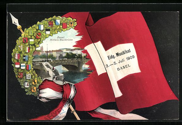 Cartoline postali: Basel, Mittlere Rheinbrücke, Wappen, Fl – Usato da Berlin venduto da bartko-reher