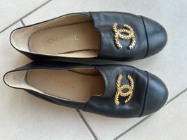 CHANEL Black Leather Espadrilles with Gold Chain CC Logo