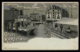 Mondschein-Lithographie Rorschach, Hafenpartie mit dem Hotel