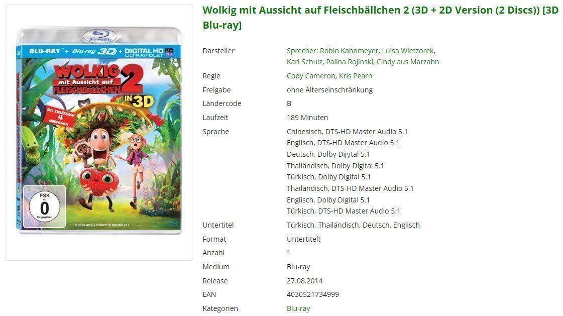 Alle DVDs: Wolkig mit Aussicht auf Fleischbällchen – Gebraucht aus Buchrain von Sssschaller