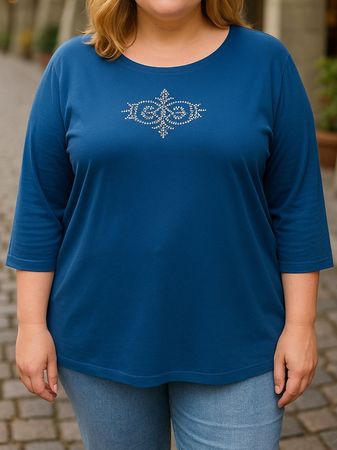 XXL Shirt – Mittelblau – Strass-Motiv, 3/4-Arm, Rundhals 47