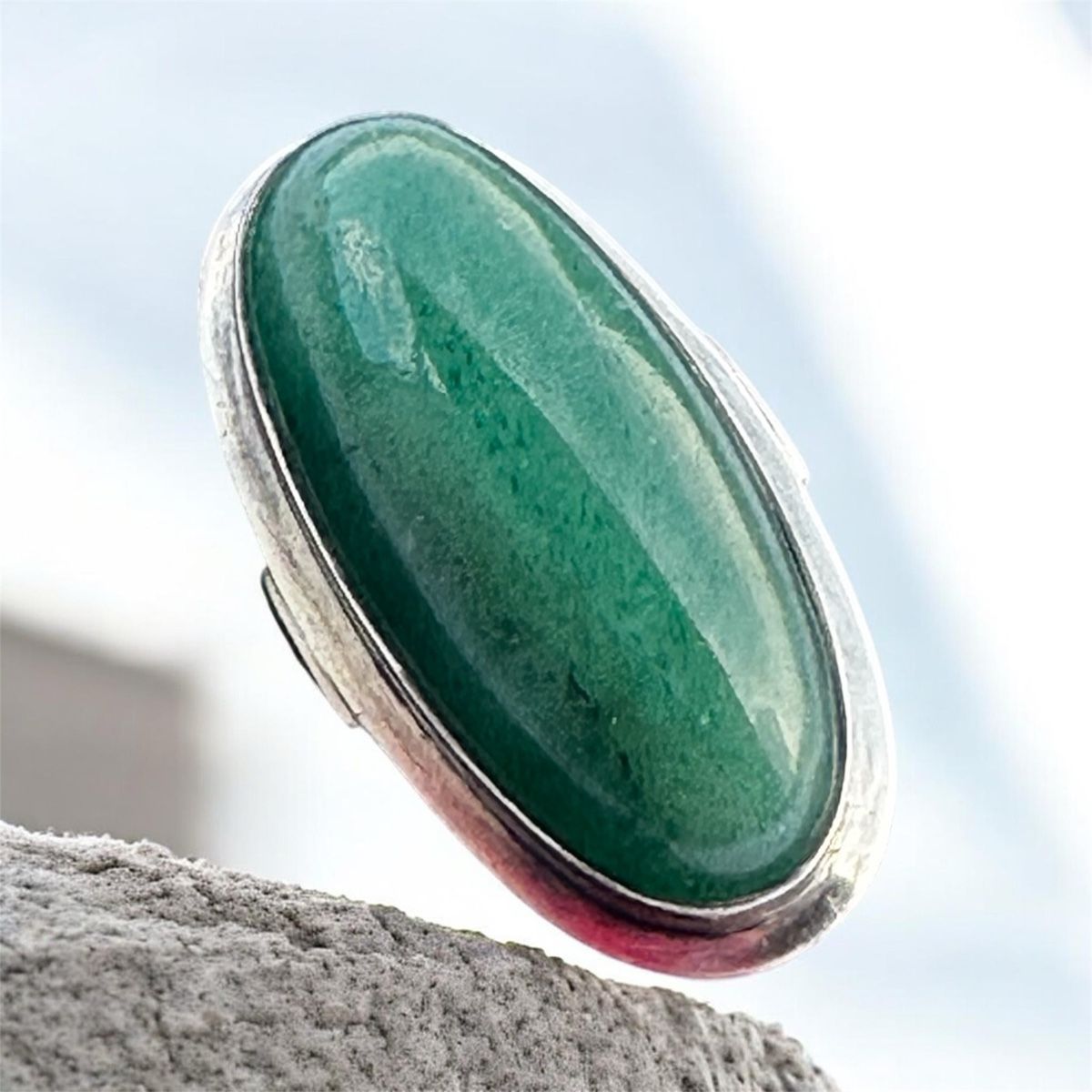 Anelli: 800 Silber Vintage-Ring mit grünem Cabochon – Usato da Nebikon venduto da Vanessa2003 2