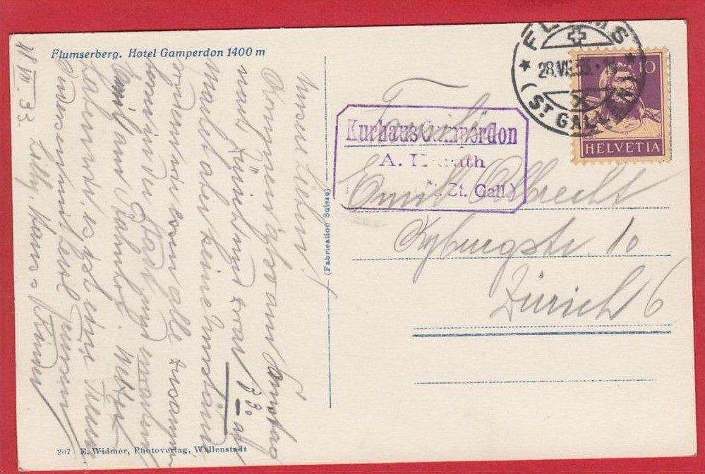 Cartoline postali: FLUMSERBERG HOTEL GAMPERDON 1933 – Usato da Grüningen venduto da Kartenlaube 1