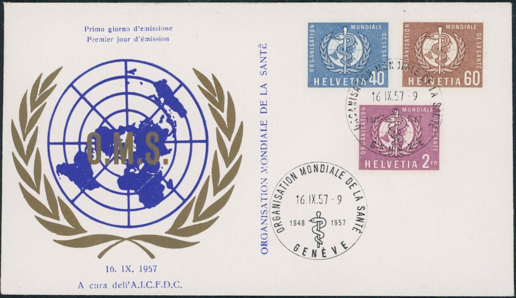 Alle Briefmarken: 1957 - Genfer Aemter - OMS - Ersttagsbrief FDC ET – Gebraucht aus Schindellegi von leecollect