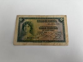 Spanien 5 Pesetas 1935 Banknote leichte Gebrauchsspuren