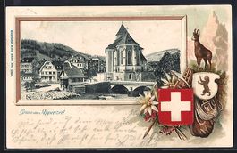 Litho Appenzell, Ortsansicht mit Wappen