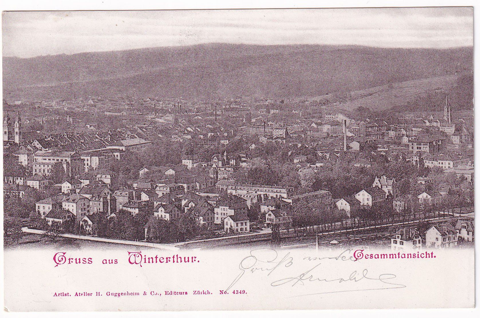 Cartoline postali: Gruss aus Winterthur   Gesammtansicht  1900 – Usato da Cormoret venduto da Pascalll2001