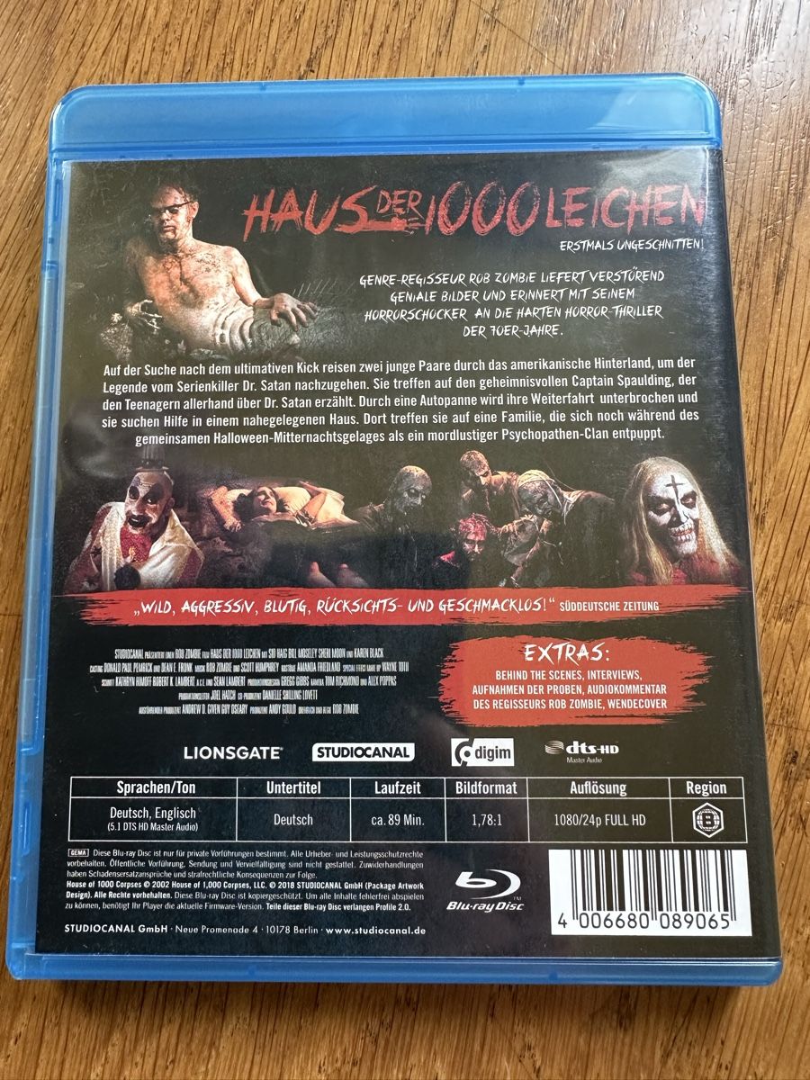 Alle DVDs: Das Haus der 1000 Leichen, Rob Zombie, Uncut, Blu ray – Gebraucht aus Benken ZH von Audi-erich 1