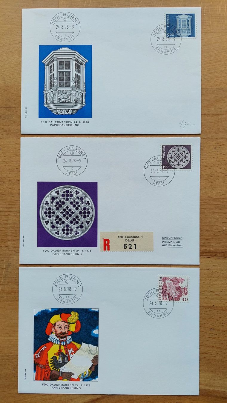 Alle Briefmarken: 3 Briefe FDC Dauermarken 24.8.1978 Papieränderung – Gebraucht aus Obfelden von Foto_Bild_Kunst_Buch