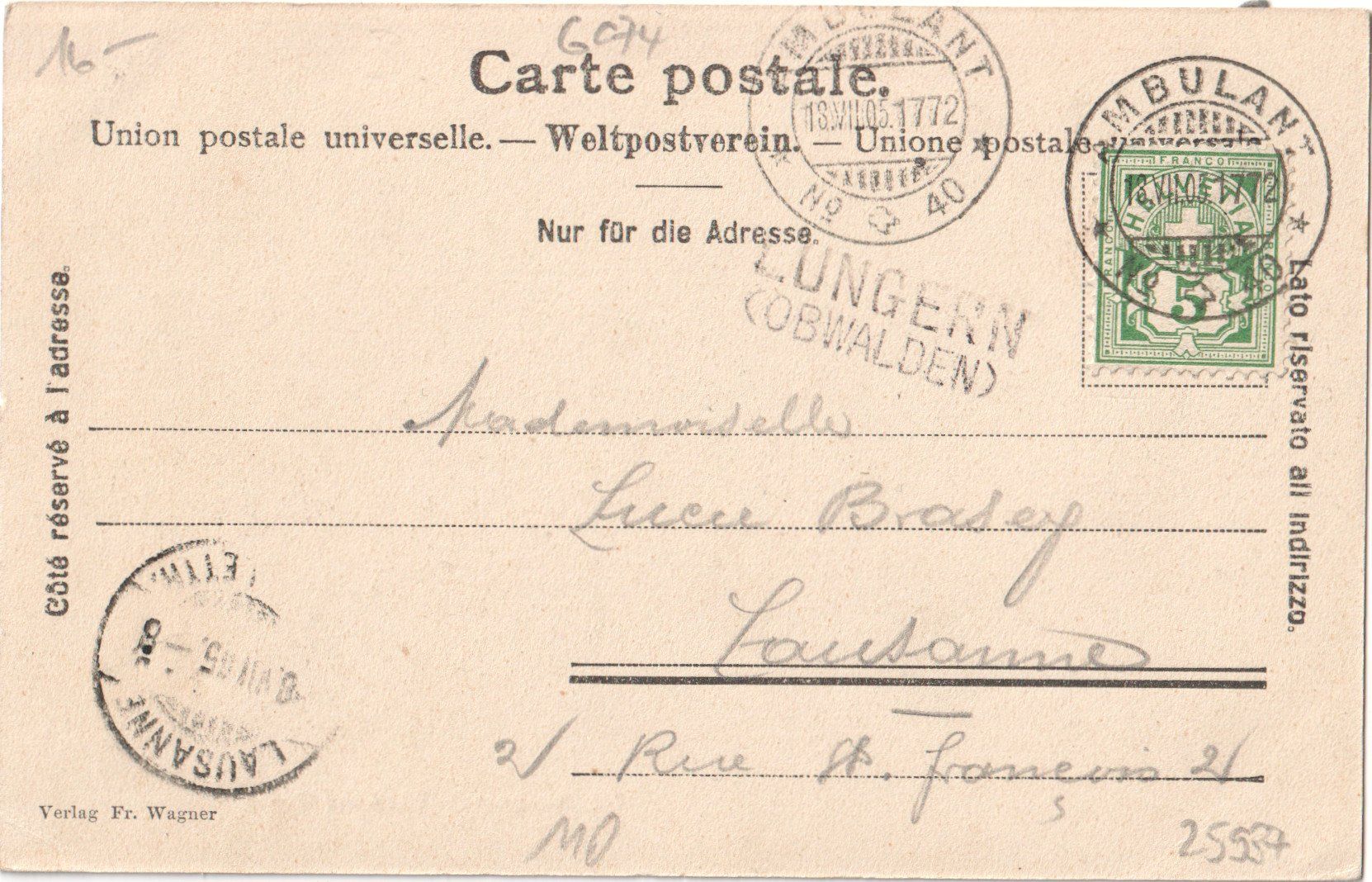 Cartoline postali: LUNGERN: Aussenquartier Obsee, Bahnpost- & Stabstempel 1905 – Usato da Engelburg venduto da Swisscards 1