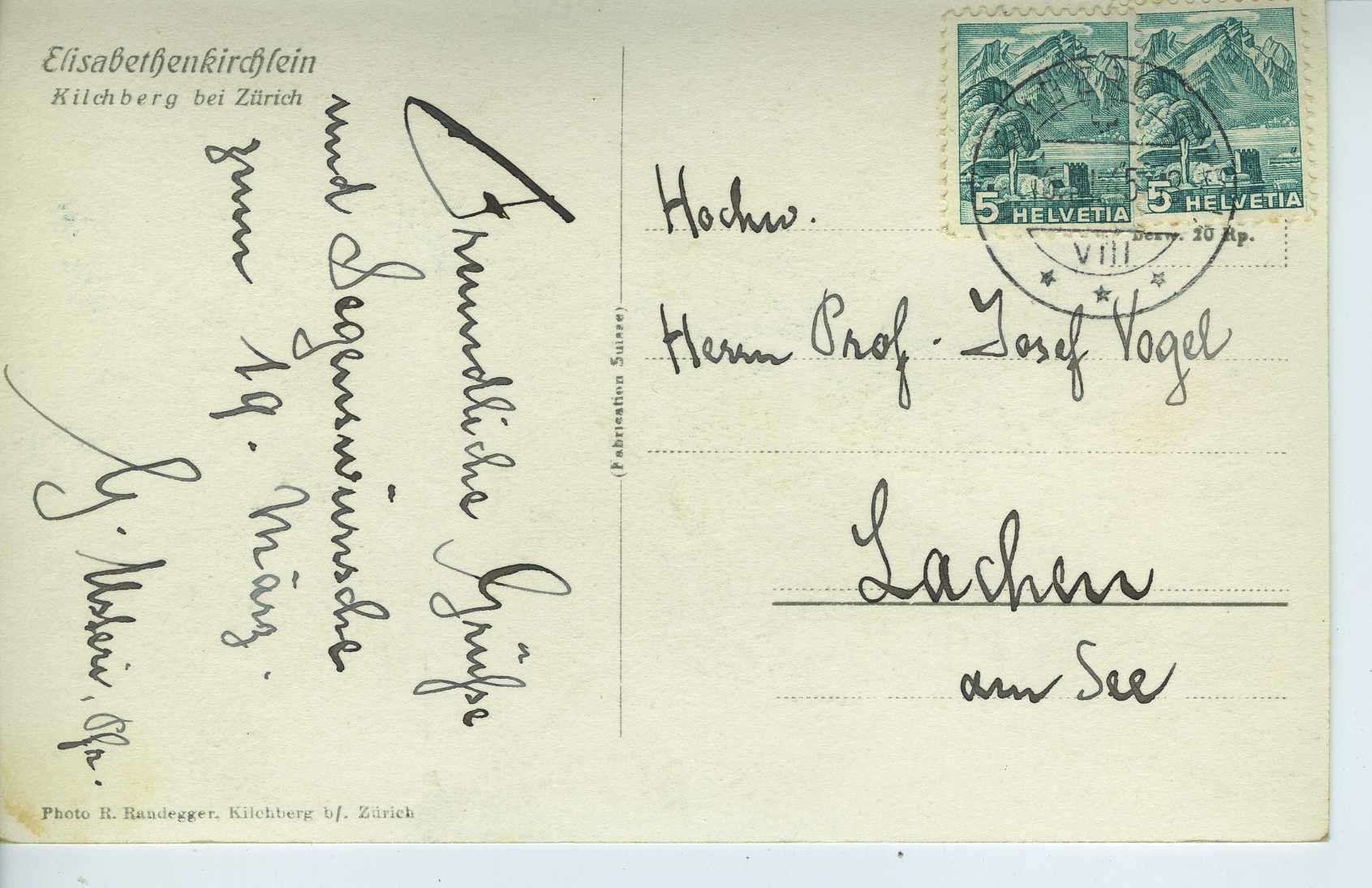 Cartoline postali: Kilchberg ZH - Elisabethenkirchlein – Usato da Schleitheim venduto da Pmschlaate 1