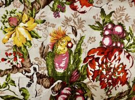 Exotischer Vintage Leinenstoff, farbige-beige Papageien