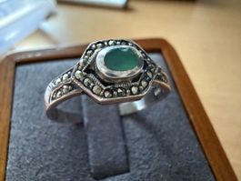 Vintage Silberring 925 Markasiten und grünem Stein