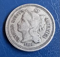 USA 3 Cents 1866 Nickel, schön!