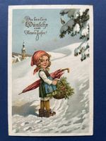 Alte Weihnachtskarte, Mädchen mit Schirm im Schnee 1921