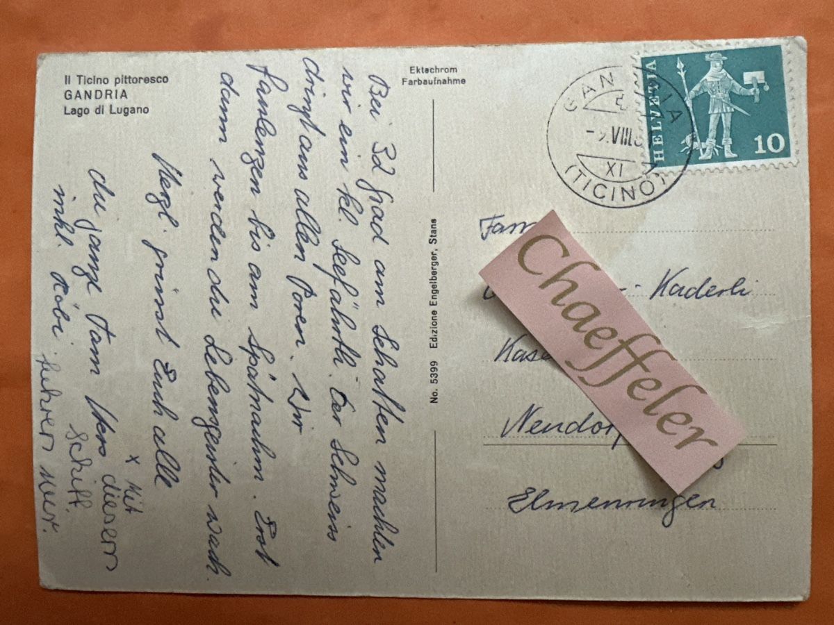 Cartoline postali: Lago di Lugano Gandria, 1961 – Usato da Zürich venduto da Chaeffeler 1