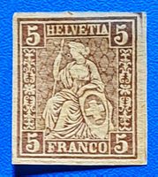 Sitz. Helvetia 5 Rp. Papierprobedruck auf "Goldschlägerhaut"