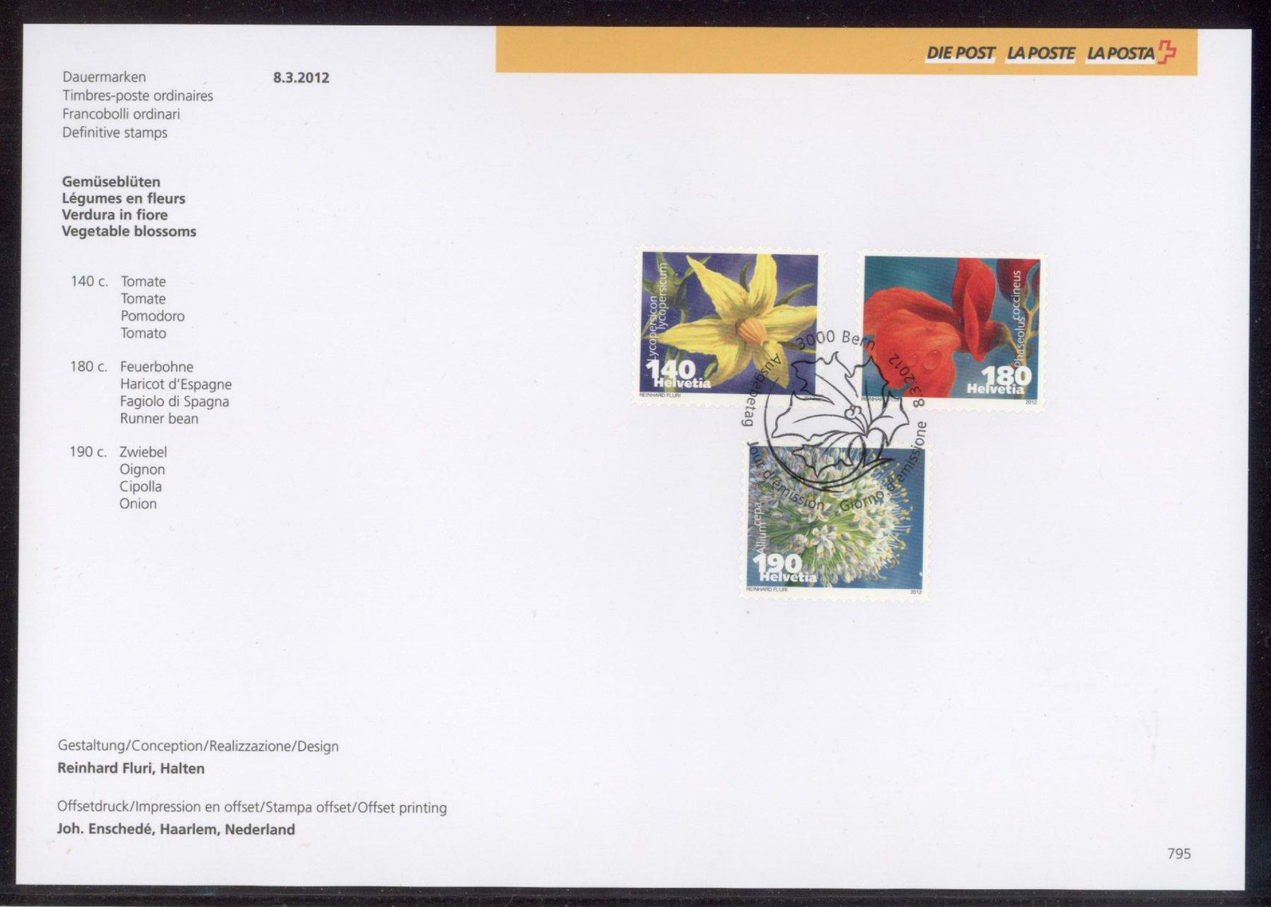Tutti i francobolli: 2012, Sammelblatt, Dauermarken Gemüseblüten, Nr. 795 – Usato da Willisau venduto da Vollstempel