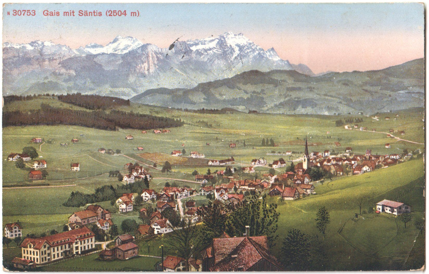 Cartoline postali: GAIS: Generalansicht mit Säntis, Farb-AK 1917 – Usato da Engelburg venduto da Swisscards