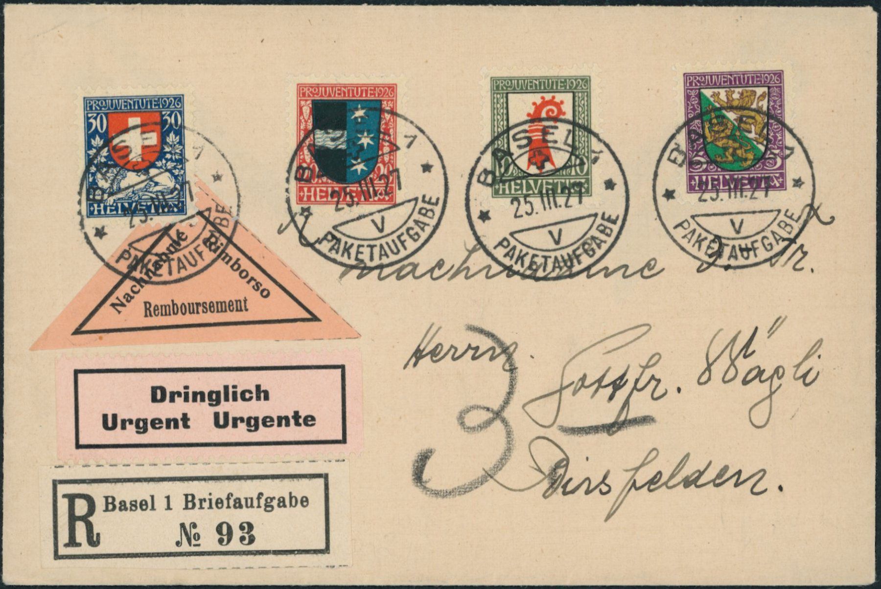 Tutti i francobolli: 1926 - Pro Juventute - Dringlich NN R Satzbrief – Usato da Schindellegi venduto da leecollect