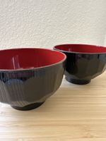 Set of 2 Black & Red Lacquered Japanese Style Soup Bowls 