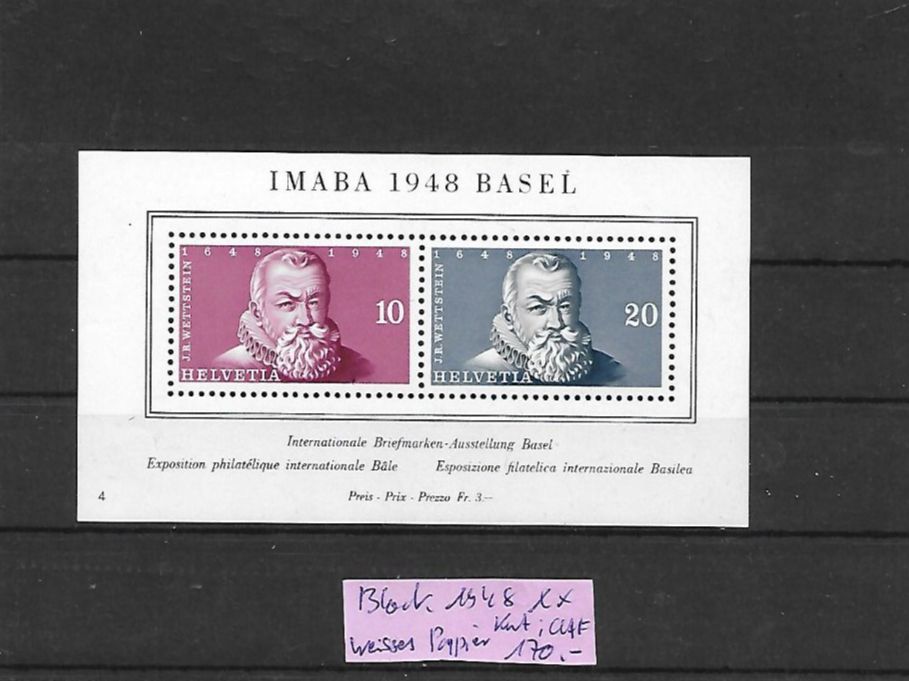 Tutti i francobolli: Block 1948 weisses Papier ** Kat: CHF 170.- – Nuovo (secondo la descrizione) da Basel venduto da Ilp