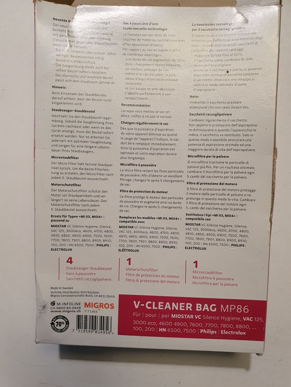 Migros Altro per la casa: V-Clenaer BAG MP86 2 Beutel + Filter – Usato da Zürich venduto da loosebone 1