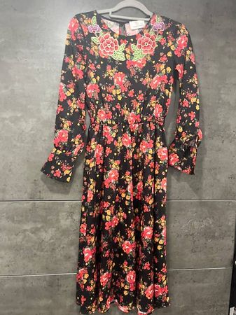Black floral midi dress with embroidered flowers