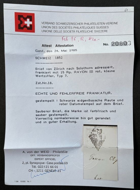 Tutti i francobolli: SCHWEIZ 1852 RAYON III MIT ATTEST – Usato da Ostermundigen venduto da wini63 2