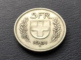 5 Franken Silbermünze 1931.  13 Sterne über Kopf