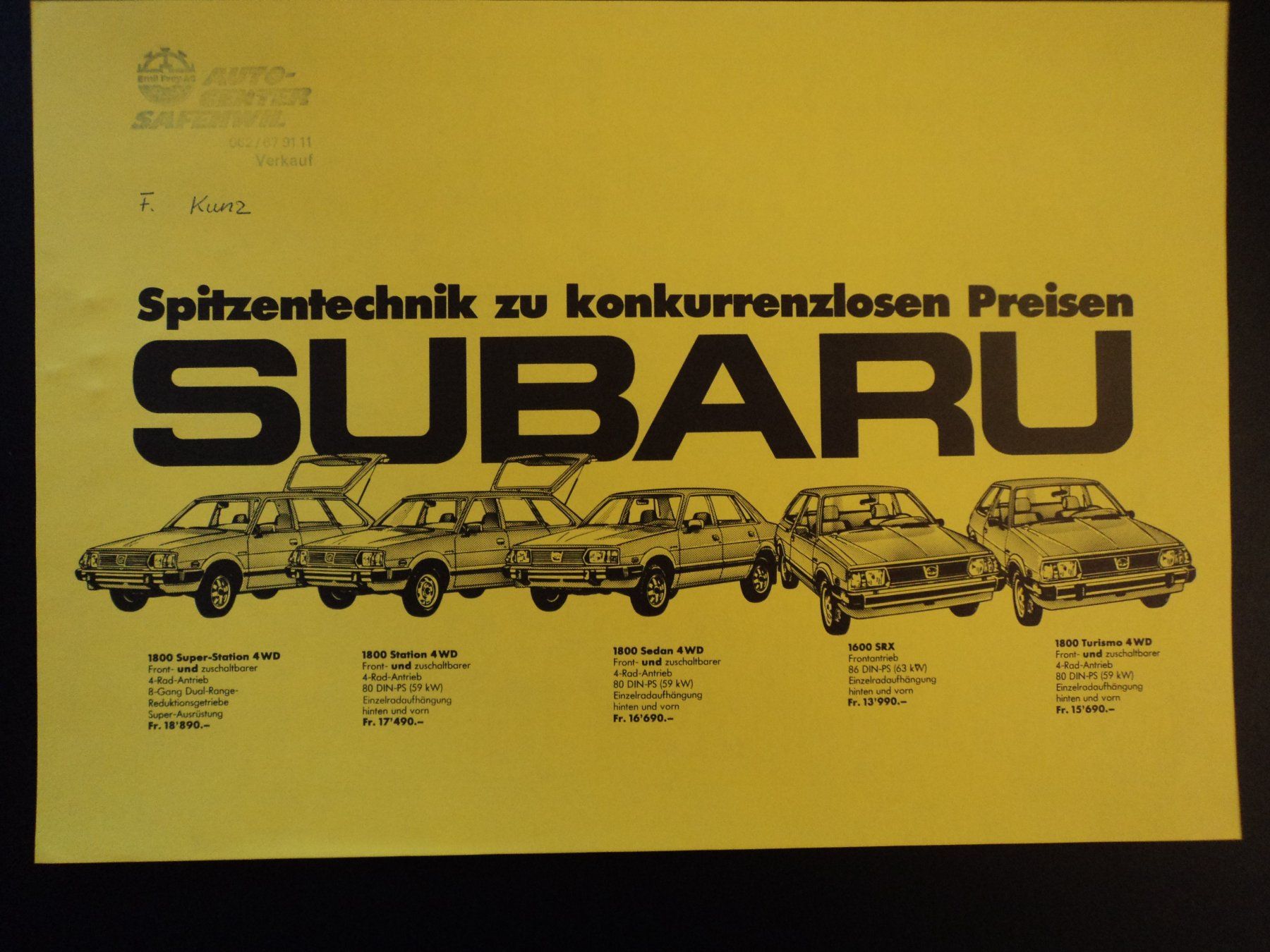 Subaru Documenti: Prospekt Subaru Jahresprogramm ca.1980 – Usato da Schwarzenburg venduto da modelCARama 1