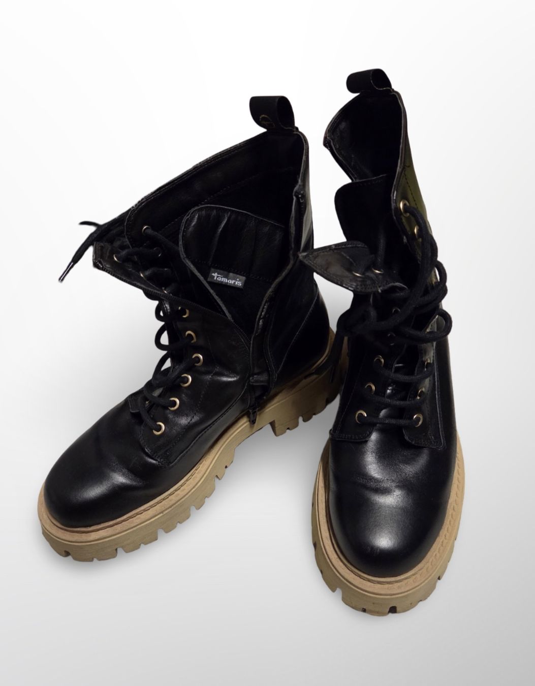 Tamaris Scarpe da donna: Chunky Combat Boots Schwarz Beige Gr. 40 – Usato da Winterthur venduto da Ele_Ele18