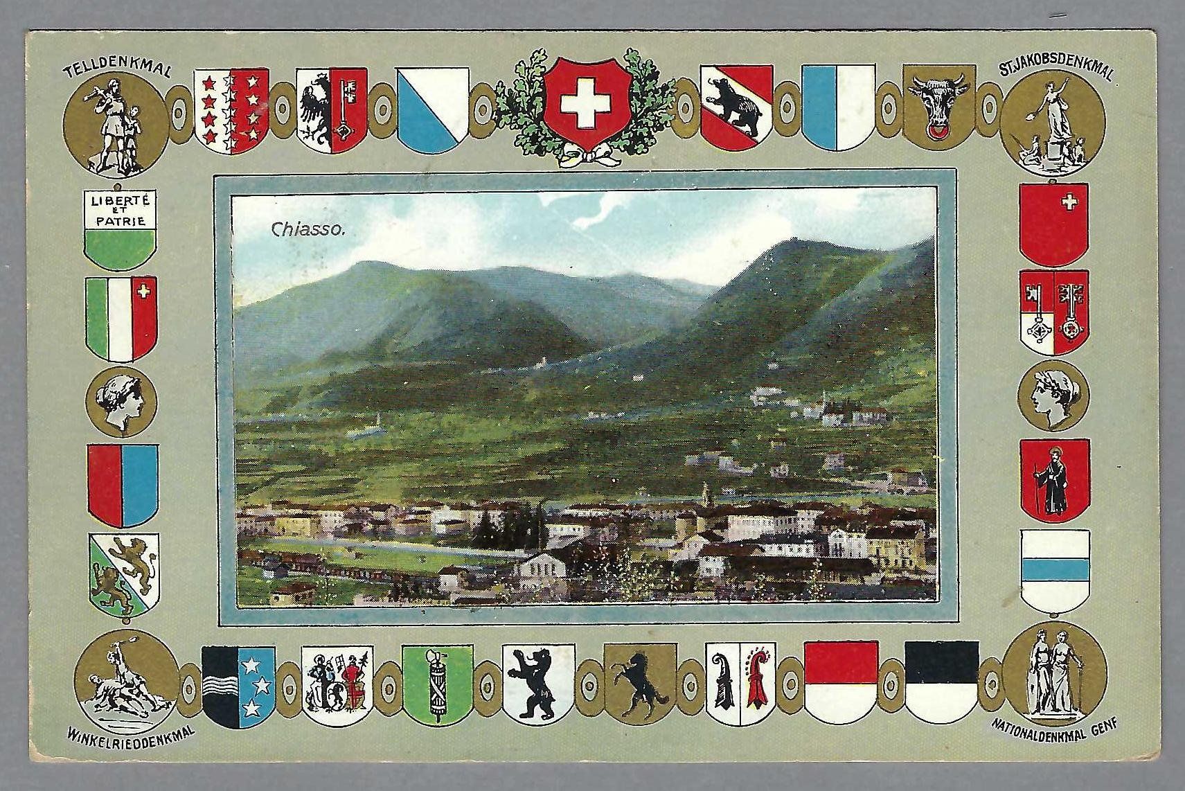 Cartoline postali: CHIASSO, , CORNICE CON STEMMI CANTONALI, RARA CARTOLINA – Usato da Pura venduto da ulisse1957