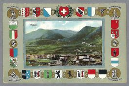 CHIASSO, , CORNICE CON STEMMI CANTONALI, RARA CARTOLINA