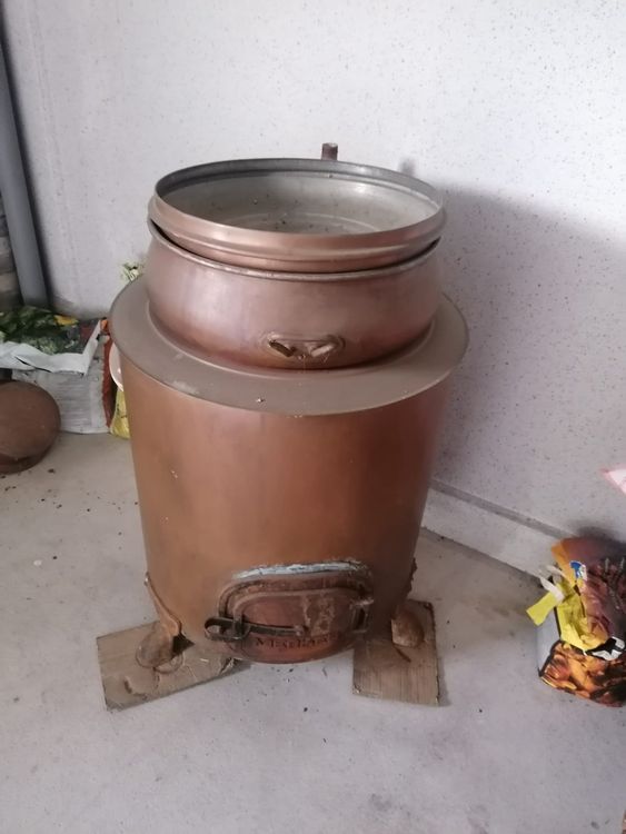 Antiker Kupferkessel Rund Mit Geschmiedetem Henkel (Gebraucht) In Für