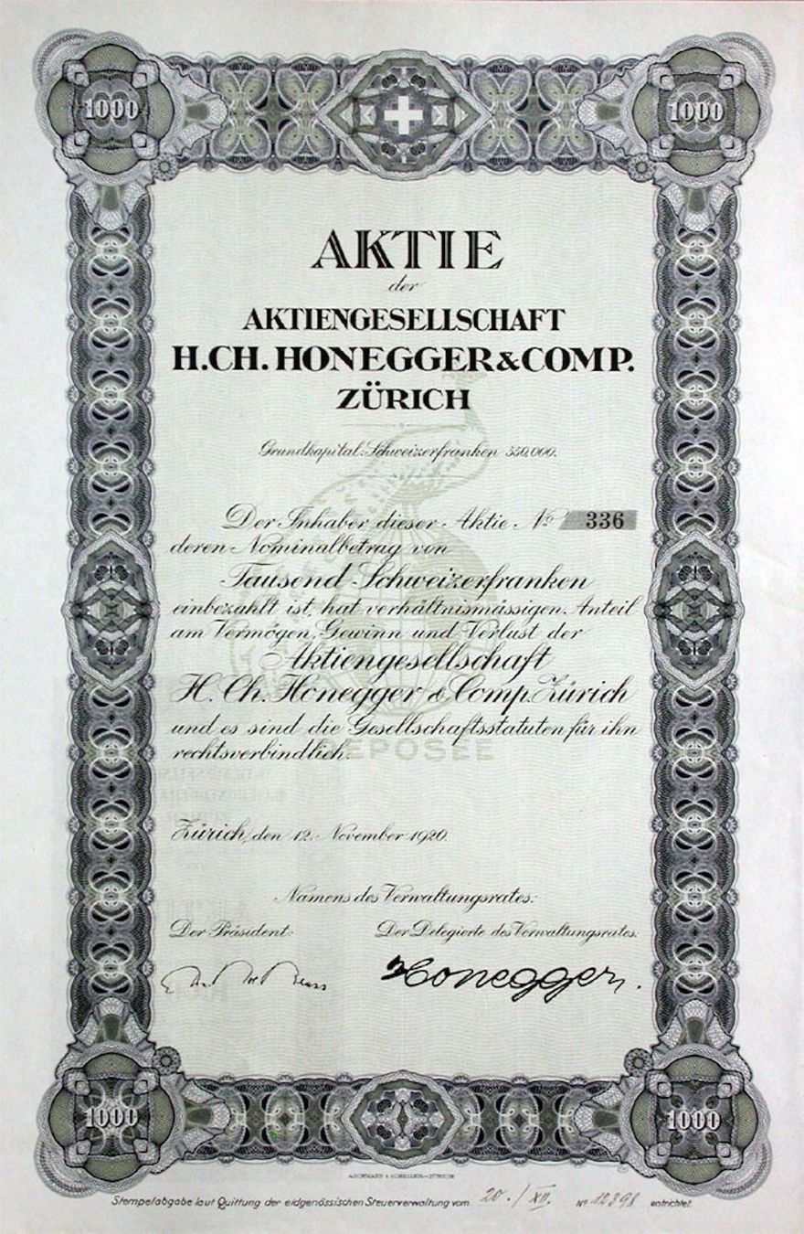 Dokumente: AG H. CH. Honegger & Comp, Zürich - 1920 – Gebraucht aus Solothurn von Sgasche