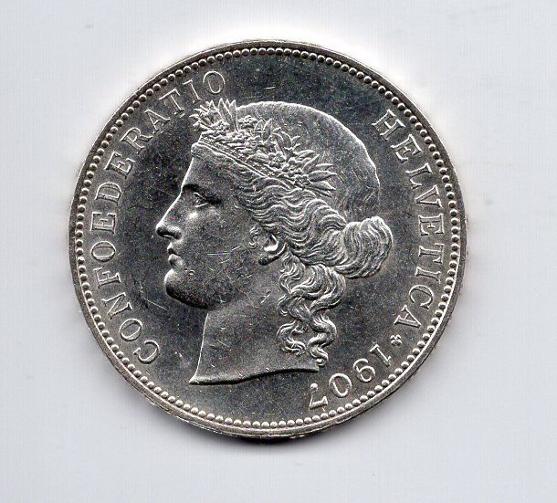 Tutti le monete: (1128) Schweiz, 5 Franken 1907 Super stgl – Usato da Rüthi (Rheintal) venduto da erdnuessli1 1