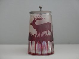ANTIKER GLASHUMPEN MIT HIRSCH MITTE 19. JH