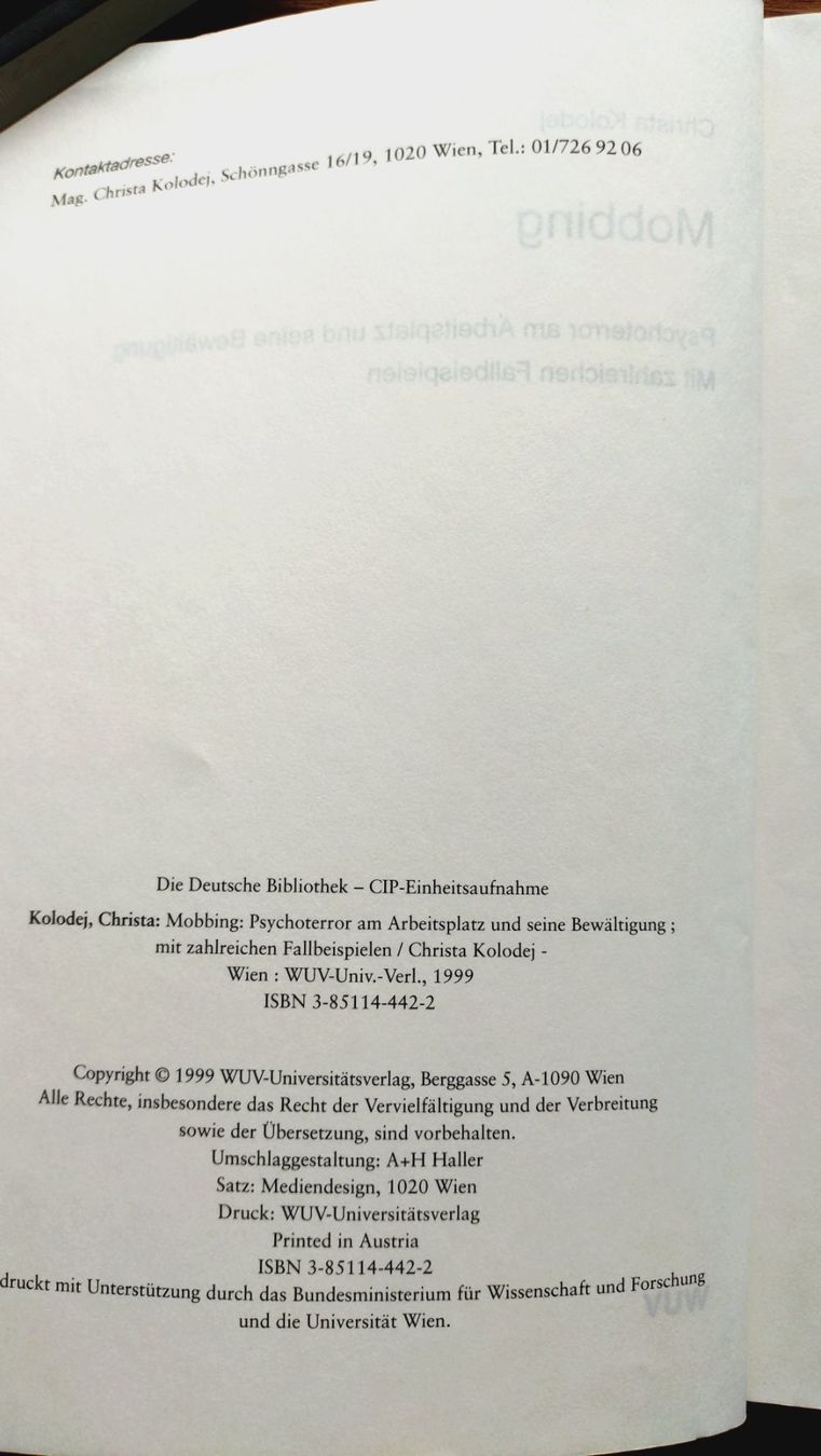 Libri: Mobbing: Psychoterror am Arbeitsplatz, Christa Kolodej – Usato da Uster venduto da Junipa 2