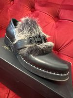 Black Fur & Crystal Mules - Size 39 - Good Condition